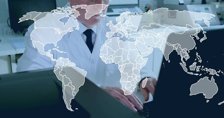 Poster - Senior scientist working on computer in medical laboratory, with floating digital world map overlay