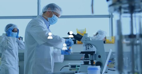 Aufkleber - male scientist pipetting sample vial in biomedical laboratory, with animated data charts hovering