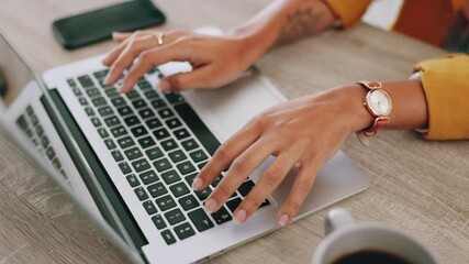 Poster - Typing, laptop and hands of woman at home for freelancer, blogger update and internet research. Remote worker, online chat forum and closeup of person in apartment for social media post and survey