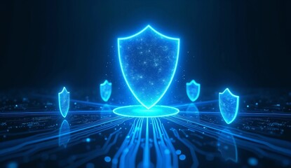Poster - Cybersecurity and data privacy protection concept. Glowing  shield security symbol on dark background