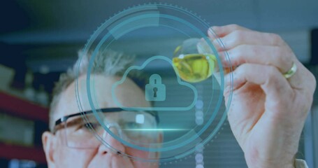 Poster - Senior male scientist inspecting yellow liquid flask in lab, featuring tech cloud lock overlay
