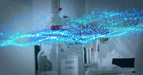 Poster - Scientist handling pipettes at bench by solvent bottle, showing lab technology with digital overlay