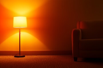 Aufkleber - Geometric floor lamp softly illuminates a minimalist living room corner, casting light on a textured wall and highlighting a sleek armchair beside a small table