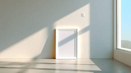 White frame mockup template in bright room with sunlight for art and photo display presentation design