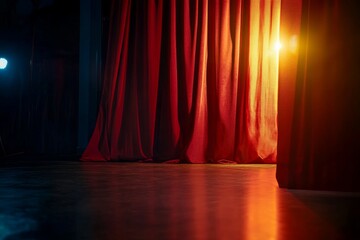 Aufkleber - Dark crimson theater curtains are tied back, unveiling a dimly lit stage where a subtle spotlight creates dramatic shadows on the textured fabric