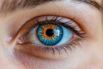 Poster - Intricate details of a human eye display stunning blue and orange hues in the iris, showcasing vibrancy and complexity while leaving space for text on the right