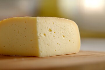 Poster - Aged cheese with crumbly texture and subtle color variations is displayed on a wooden board, illuminated by soft lighting, creating an inviting atmosphere