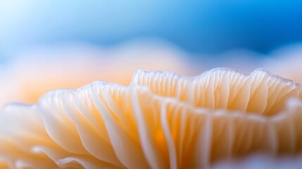Aufkleber - Close-up of a single mushroom cap displays intricately layered gills. The vibrant blue background enhances the organic textures, creating a captivating visual impact