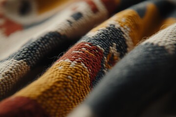 Fototapete - Vibrant handwoven fabric features intricate geometric and animal designs, beautifully illuminated by warm natural light, creating a captivating visual experience