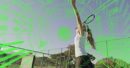 Poster - Woman serving tennis ball on outdoor court, showcasing sports technology with green HUD charts
