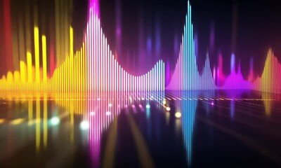 Poster - Multicolored sound waves rising and falling to music with glow effects made with Generative AI technology