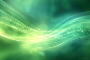 Poster - Ethereal green and blue wave patterns with glowing particles in a mystical abstract background