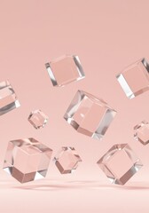 Poster - Floating Glass Cubes Abstract Background: Elegant Minimalist 3D Render of Transparent Geometric Shapes on a Pastel Pink Setting