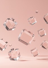 Poster - Abstract Pink Background with Floating Glass Cubes and Spheres: Minimalist 3D Render