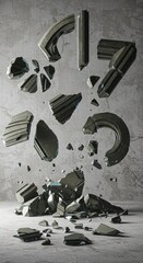 Poster - Shattered Geometric Forms: Abstract 3D Render of Collapsing Dark Metallic Fragments Against Concrete Background