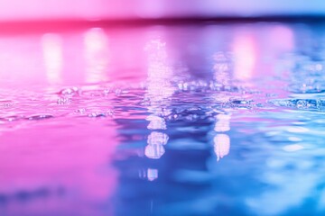 Leinwandbilder - Delicate droplets hang suspended on a shiny surface, illuminated by soft light that refracts into vibrant, prismatic hues, creating a mesmerizing effect