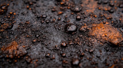 Poster - Water droplets gracefully slide over a gleaming stone surface, showcasing the texture and sheen in a beautifully illuminated setting with ample copy space