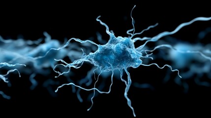 Aufkleber - Macro view reveals a dynamic digital network where blue particles connect complex nodes, emphasizing the abstract beauty of neural connections amidst a dark backdrop