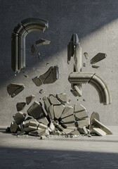 Poster - Shattered Classical Columns: A 3D Render of Crumbling Architectural Fragments Against a Concrete Wall
