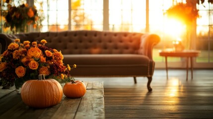 Aufkleber - classic living room adorned for thanksgiving with vintage sofa, wooden table, pumpkins, and floral c