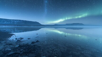 Wall Mural - Night sky aurora borealis reflecting on still lake