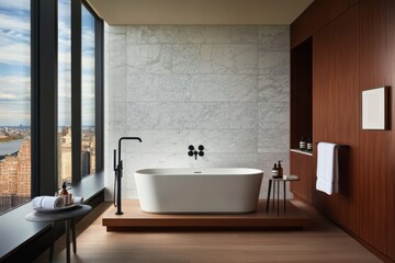 Poster - Contemporary bathroom features a freestanding tub on a wooden platform, complemented by marble tiles and a warm wooden accent wall, offering an inviting atmosphere