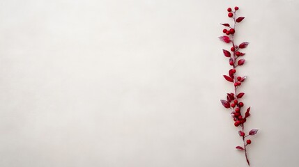 Poster - Single Christmas branch with frosted leaves and bright red berries rests on a neutral backdrop, creating a warm and inviting holiday atmosphere