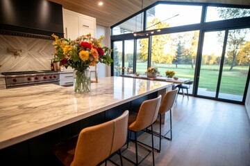 Aufkleber - Spacious kitchen showcases a marble-topped island, bar stool, fresh flower vase, and sunshine pouring through large windows, creating a bright atmosphere
