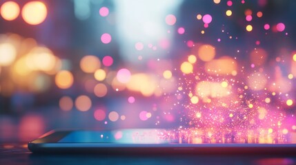 Leinwandbilder - A tablet shows a neon-lit holographic cloud computing icon featuring blue and pink details, set against a blurred urban backdrop, creating a futuristic vibe