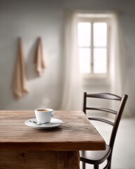 Poster - Simple close-up of espresso cup with steam, vintage wooden table setting, morning calm, soft natural window light, warm cozy tone, storytelling composition
