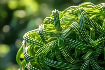 Intricate web of vibrant green strands, resembling a lush, tangled plant or abstract art.