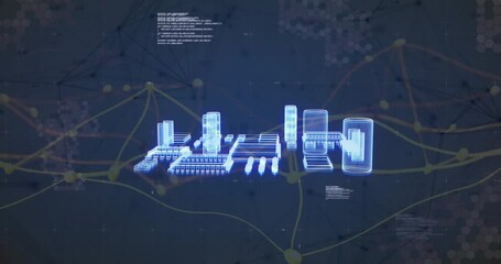Poster - Glowing blue wireframe model floating above hex grid, linking platforms with yellow network lines