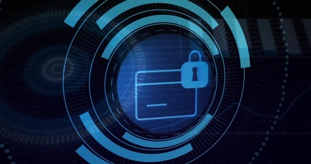 Poster - Central digital security interface showing rotating rings, streaming binary code, glowing UI detail