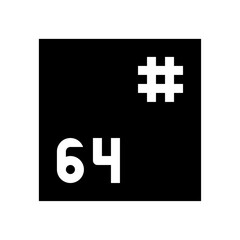 Poster - illustration featuring the number sixty four and a pixelated plus sign on a black and white backgrou