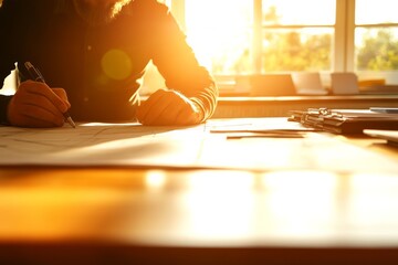 Poster - A skilled architect focuses on sketching a blueprint at a workstation, while natural light enhances the creative ambiance of the workspace