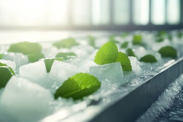Poster - A medium shot captures an icy bathtub filled with sparkling ice cubes and floating mint leaves