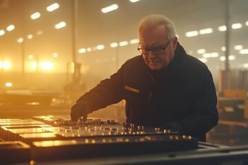 Poster - A factory worker is intently operating a lathe machine surrounded by metal parts and tools, with warm lighting accentuating the exactness of the task