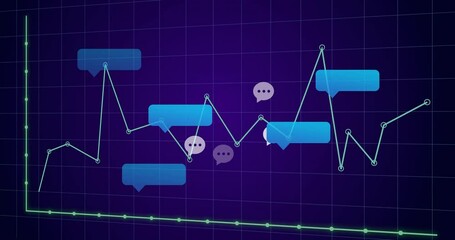 Poster - Dashboard showing light-green line chart moving across purple grid with floating chat bubbles