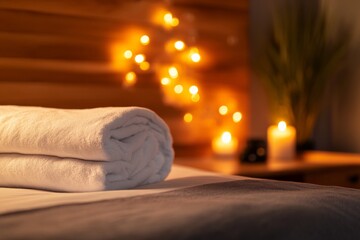 Aufkleber - Neatly folded white duvet on a clean bed showcases its fluffy texture, illuminated by soft lighting, creating a warm winter ambiance with space for text
