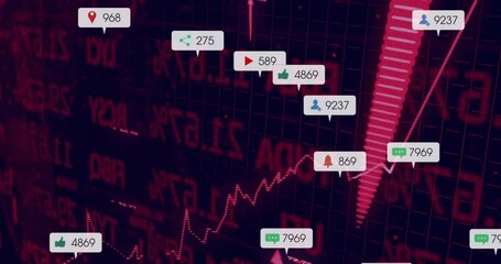 Poster - Pink dotted trend line rising over dark red grid, floating social media icons in flat design