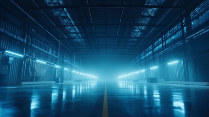 Canvas Print - dark blue-lit empty warehouse interior with reflective floor.