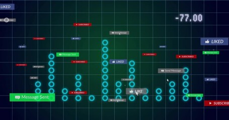 Poster - Neon blue bar chart columns being visualized on dark grid, floating social status labels and icons