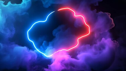 Poster - Pink and blue neon frame light forming a cloud shape illuminating a background blue nebula, digital art abstract dark video 4k