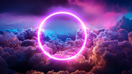 Poster - Vibrant a 3d frame circle glows amidst and dreamy neon illuminated by cloudscape, gradient of pink, orange, a blue hues abstract background video 4k
