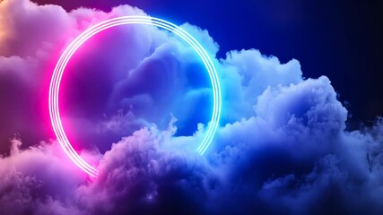 Poster - Vibrant neon circle colorful 3d frame glows amidst a dreamy cloudscape, illuminated of a gradient by pink and blue hues abstract background video 4k