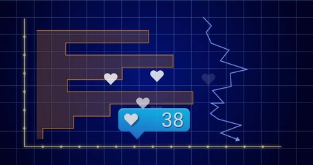 Poster - Like notification bubble floating in infographic, showing heart count with bar chart and line graph