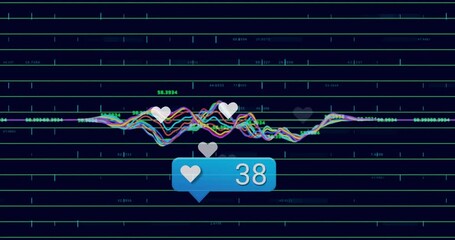 Poster - Notification bubble showing heart count moving over grid with waveform weaving and hearts floating