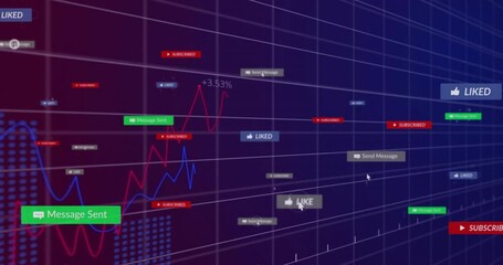 Poster - Displaying 3D render of red and blue line graphs while color?coded notification tags floating