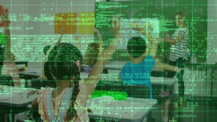 Poster - Female teacher guiding two students raising hands under floating code grid in technology classroom