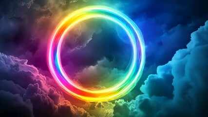 Poster - Vibrant neon colorful amidst 3d circle glows frame a dreamy cloudscape, illuminated by a gradient hues pink, orange, and blue of abstract background video 4k
